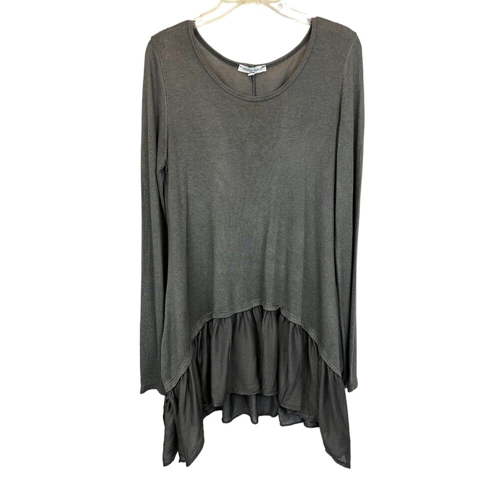 Tempo Paris Boho Lagnelook Charcoal Knit Tunic Top w Woven Ruffle Size S